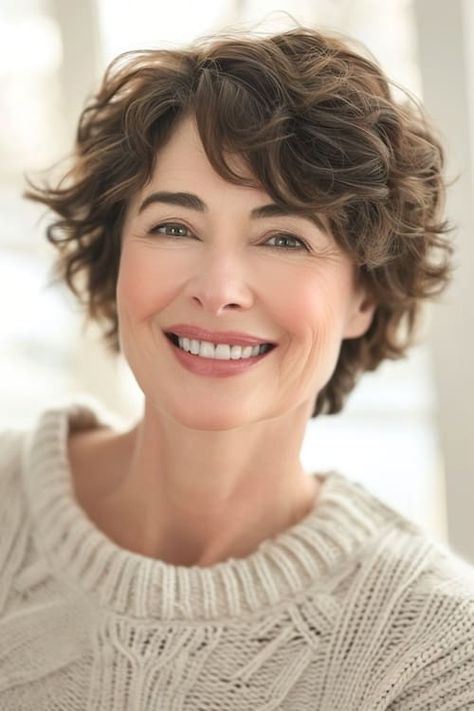 Short Hairstyles Thick Wavy Hair, Not Too Short Haircuts, Very Short Wavy Hairstyles For Women, Short Hair With Bangs Over 50, Curly Bobs Haircuts, Pixie For Curly Hair Over 50, Layered Bob For Curly Hair, Short Hair Curly Bangs, Short Hair Over 60 Older Women New Looks Curly Hairstyle