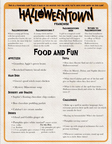 Halloween Town Party Ideas, Halloween Themed Food Movie Nights, Halloween Town Movie Night Food, Halloween Town Dinner And Movie, Halloweentown Movie Night Food, Halloween Movie Menu Ideas, Halloweentown Movie Night, Halloween Movie Night Food, Halloweentown Movie