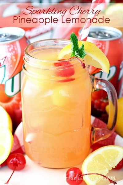 Sparkling Cherry Pineapple Lemonade | Let's Dish Recipes Pineapple Lemonade Recipe, Pineapple Lemonade, Lemonade Drinks, Lemonade Recipe, Sparkling Drinks, Frozen Pineapple, Milk Shakes, Alcohol Drinks, Lemonade Recipes