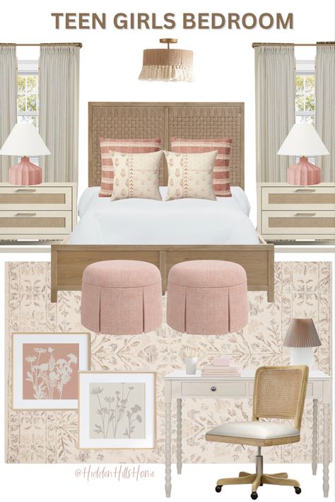 Cute pink and beige teen girls bedroom decor mood board featuring a cane bed! Pink White And Oak Bedroom, Tan And Beige Bedroom, Beige Pink Room, Khloe Bedroom, Girls Bedroom Mood Board, Contemporary Moodboard, Pink And Beige Bedroom, Feminine Bedroom Ideas, Teen Girls Bedroom