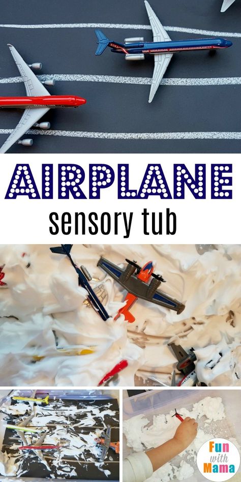 Airplane Sensory Bin Airport Sensory Bin, Airplane Preschool, Afternoon Activities, Transportation Theme Preschool, Sensory Play Ideas, Ocean Theme Preschool, Airplane Activities, Transportation Unit, Sensory Tubs