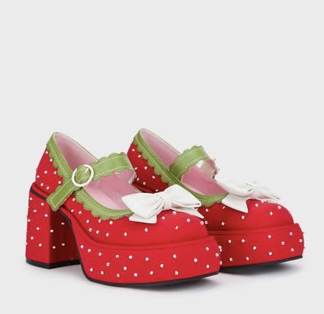 Dollskill Strawberry Shortcake, Strawberry Boots, Strawberry Heels, Fruit Shoes, Strawberry Shoes, Strawberry Fashion, Strawberry Clothing, Strawberry Stuff, Strawberry Things