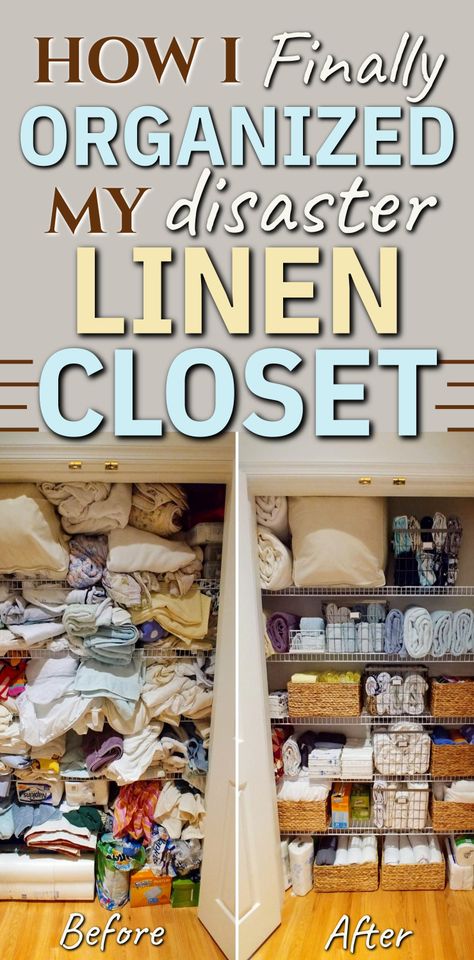 How I FINALLY Organized My DISASTER Linen Closet Linens Closet Organization, Hall Linen Closet Organization, Small Linen Closet Organization Hallways, Small Utility Closet Organization, Closet Storage Ideas For Small Spaces, Organize Linen Closet, Organizing Linen Closet, Hallway Linen Closet, Organizing A Small Closet