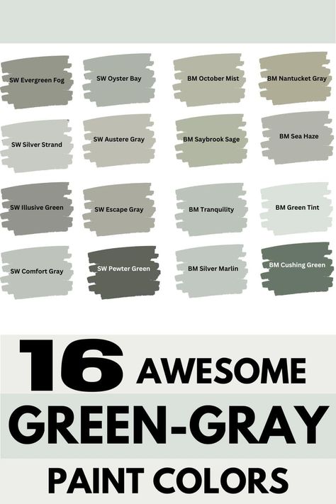 The Best Green-Gray Paint Colors from Sherwin Williams & Benjamin Moore Green Gray Paint Colors, Green Gray Paint, Gray Paint Colors Sherwin Williams, Gray Paint Colors, Green Grey Paint, Exterior House Colors Combinations, House Paint Color Combination, Stone Exterior, Exterior House Paint Color Combinations