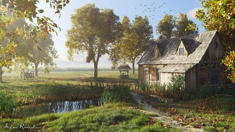 ArtStation - Medieval Farmhouse, Stefan Radenkovic Medieval Farmhouse, Medieval Farm, Medieval Cottage, Morning Autumn, Abandoned Farmhouse, Apocalypse Aesthetic, Old Abandoned Houses, Fantasy Places, Medieval Town