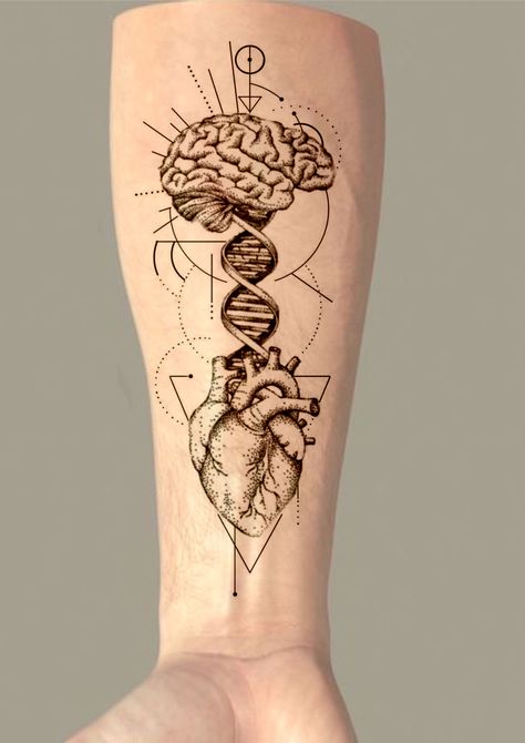 Surgeon Tattoo Ideas, Brain Vs Heart Tattoo, Me First Tattoo, Balance Heart And Brain Tattoo, Brain And Heart Tattoo, Chester Tattoo, Tattoos Family, First Tattoo Ideas, Science Tattoo