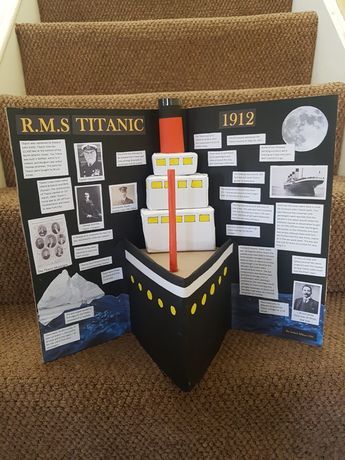 Titanic History Project, Titanic Science Fair Project, Titanic School Project Ideas, School Project Display Ideas, Theme Ideas For Project, Journal Ideas For School Project, School Project Board Ideas, Projects Ideas For School Presentation, Titanic School Project