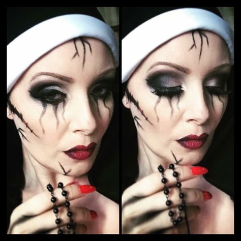 Possessed nun Halloween costume                                                                                                                                                                                 Más Nun Halloween Costumes Makeup, Nun Halloween Costume, Nun Halloween, Nun Costume, Creepy Costumes, Face Paint Makeup, Face Painting Halloween, Halloween Costumes Makeup, Dark Makeup