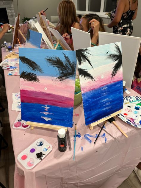 Painting on mini canvases, painting sunsets Girls Night Paint And Sip, Girls Night Painting Ideas, Painting Night Ideas, Painting Girls Night, Girls Night Activities, Girls Night Ideas, Painting Date, Girls Painting, Painting Easel