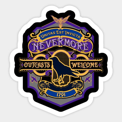 Welcome to Nevermore Academy, a school for outcasts! Werewolves, Sirens, and Seers, grab this ornate crest for your days at the school from Wednesday! Maybe you'll run into thing, he gives it a thumbs up! -- Choose from our vast selection of stickers to match with your favorite design to make the perfect customized sticker/decal. Perfect to put on water bottles, laptops, hard hats, and car windows. Everything from favorite TV show stickers to funny stickers. For men, women, boys, and girls. Nevermore Academy Gate, Nevermore Academy Logo, Wednesday Stickers, Wednesday Sticker, Addams Family Theme Party, Wednesday Nevermore, Addams Family Theme, Nevermore Academy, Addams Family Wednesday