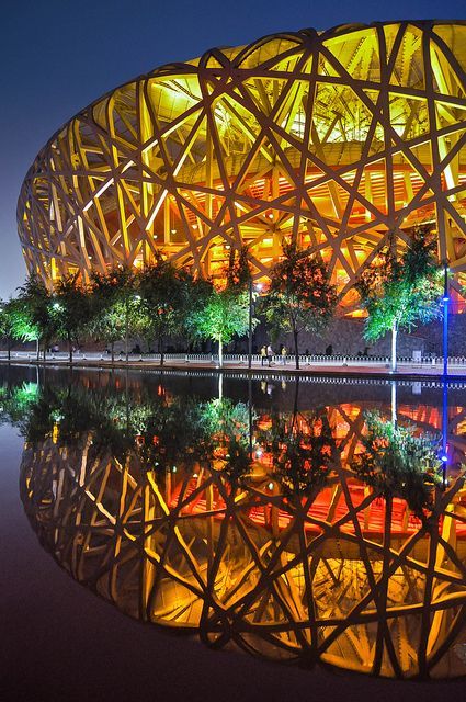 Bird's Nest Stadium - Beijing, China - The Reflection is Sooo Perfectly Gorgeous ! Beijing National Stadium, National Stadium, Halong Bay, Amazing Buildings, Beijing China, Zaha Hadid, China Travel, Bird Nest, Beautiful Buildings