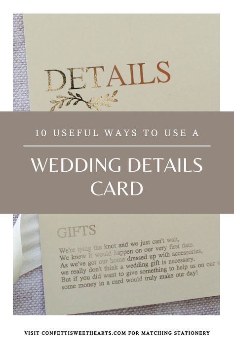 When choosing your wedding invitations you may have a lot of information you need to tell your guests, but you run the risk of over crowding your beautiful invite with too much text. This is where a details card comes in, to solve this problem for you, here are 10 things in this blog post you can use a details card for. #weddingdetails #weddingcards #weddingtips Details Of Wedding Invitation, Details Card For Wedding Invitation, What Information On Wedding Invite, Detail Cards For Wedding Invites, Wedding Invitation Details Card Wording, Details Card Wedding Invitation, Details Wedding Card, Wedding Invitation Details, Wedding Invitation Details Card