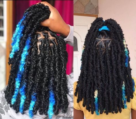 Hairstyles For Black Women Butterfly Locs, Butterfly Locs With Color Blue, Buterflylocks Styles, Extended Butterfly Locs With Color, Colored Butterfly Locs Black Women, Black Girls Hairstyles Butterfly Locs, Black And Blue Faux Locs, Different Color Butterfly Locs, Styles To Do With Butterfly Locs