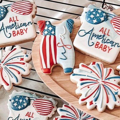 Lusie Kinn on Instagram: "M A D E I N T H E U S A ❤️🤍💙 LIttle Firecracker is on the way!!!🎆🎆🎆 #lusiesweetart #babyannouncementcookies #cookies #cookier #customcookies #customsugarcookies #customdecoratedcookies #customdecoratedsugarcookies #dfw #dfwmom #dfwbride #dfweventplanner #dfwcookies #dfwcustomcookies #dallasmom #dallasbride #dallaseventplanner #dallascookies #dallascustomcookies #planomom #planocookies #planopartyplanner" 4th Of July Baby Shower Cookies, Firecracker Cookies, July Baby Announcement, Fancy Sugar Cookies, Pen Designs, Gender Reveal Cookies, Cookie Shop, July Baby, Shower Cookies