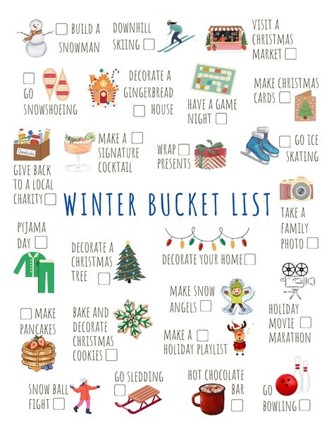 "This INSTANT DOWNLOAD Printable Winter Bucket List allows you to check off 24 different great way to celebrate Winter! All you need to do is simply download and print as many copies as you would like! *INCLUDED*  - 8.5x11 PDF After Purchase: -Once you have purchased this item you will instantly have access to the Etsy download page and you will also receive a download link in your email. -Click \"download\" and save the file to your computer. -You can also follow this link: https://www.etsy.com/your/purchases and then to the right of your order, click to \"Download Files\" -Simply print your file at home and you are ready to go INSTANT DIGITAL DOWNLOAD (no physical print will be mailed to you) You will receive an e-mail from Etsy with your downloadable PDF link after your payment is confi Christmas Time Bucket List, Winter Date Bucket List, Fall/winter Bucket List, Winter List Things To Do, Winter Todo List, Cute Winter Activities, Stuff To Do In Winter, Winter Movie List, Winter Bucket List With Friends