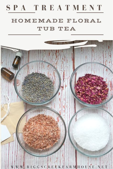 A display or flat lay of dried flowers,  essential oils, Epsom salt and Himalayan sea salt Bath Tea Recipe, Bath Tea Bags, Herbal Bath Tea, Tub Tea, Bath Benefits, Young Living Recipes, Essential Oil Beauty, Lavender Benefits, Bath Tea