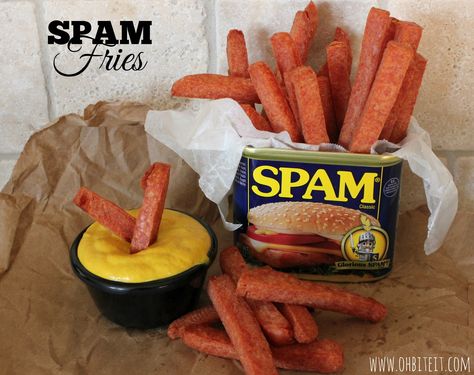 ~SPAM Fries! For my friends in Hawaii - the Spam capital of the world! Recipes Using Spam, Spam Appetizers, Spam Dishes, Funky Dishes, Spam Bites, Pork Casseroles, Spam Fries, Interesting Meals, Spam Recipes