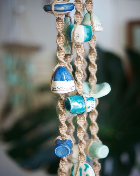 Ceramic wall beads by Trinka #ceramics #ceramicbeads #glaze #pottery #glaze #jute #macrame Pottery And Macrame, Macrame Ceramic, Hanging Pottery, Jute Macrame, Macrame Wall Hanger, Macrame Home Decor, Pottery Glaze, Glaze Pottery, Macrame Hanging