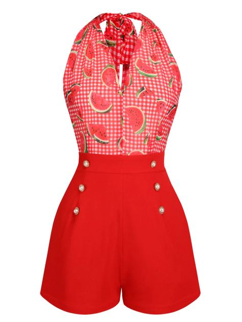 Watermelon Red Halter Patchwork Romper – Retro Stage - Chic Vintage Dresses and Accessories 50s Summer Fashion, Watermelon Clothes, Retro Dress Outfits, Patchwork Romper, Retro Stage, Red Clothes, Retro Clothes, Vintage Romper, Halter Romper