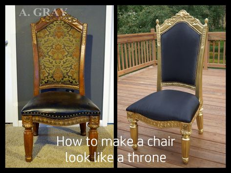 DIY THRONE Turn an old chair into the perfect thrown for a party or event Diy Throne Chair Prop, Diy Throne Chair, Chair Diy Ideas, Antique Chairs Makeover, School Props, Birthday Chair, Husband 40th Birthday, Wooden Creations, Chair Diy