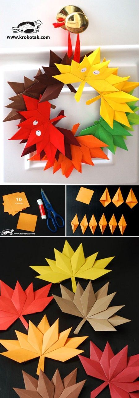 Autumn leaves from paper to make a beautiful decoration or a wreath. You will need 10 squares (8... Paper Leaf Wreath, Origami Leaves, Autumn Paper, Folding Origami, Origami 3d, Paper Leaves, Autumn Crafts, Thanksgiving Crafts, Craft Activities For Kids