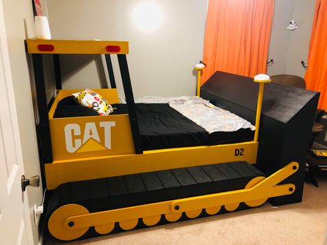 Full size bulldozer bed with bookshelf & working lights Bulldozer Bed, Bed With Bookshelf, Cat Bulldozer, Construction Room, Black Bookshelf, Bookshelf Bed, Unique Bed, Black Bed, Black Sheets