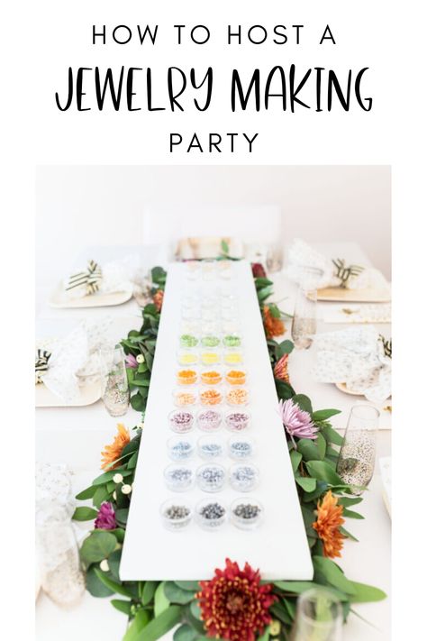 Jewelry Party Games, How To Throw A Charcuterie Party, Jewelry Making Party Ideas, Jewelry Theme Party Ideas, Craft Event Ideas, Build Your Own Bracelet Bar, Bead Party Ideas, Bracelet Making Party Ideas, Jewelry Birthday Party