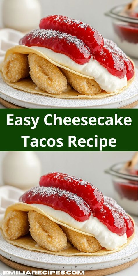 Craving something sweet and unique? Discover these Cheesecake Tacos that combine rich flavors with a crunchy texture. Perfect for gatherings, this simple dessert recipe will impress guests and satisfy sweet tooth cravings. Cheesecake Tacos Recipe, Cheesecake Tacos, Perfect Cheesecake Recipe, Rich Cheesecake, Simple Dessert, Classic Cheesecake, Creative Desserts, Unique Desserts, Easy Cheesecake