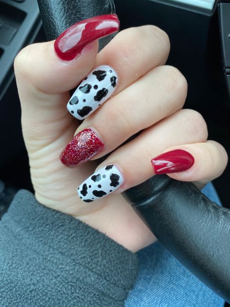 Red Cow Print Nails Acrylic, Red Nails With Cow Print, Maroon Cow Print Nails, Red Cow Print Nails, Nails With Cow Print, Pink Glitter Cow Print Nails, Cow Print Nails Colorful, Red Cow Print, Red Nail Theory