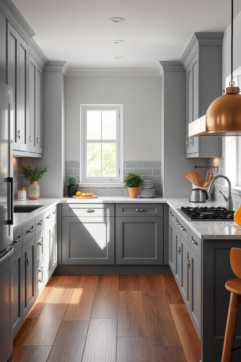 12 Ideas and Inspiration for Gray Kitchens – radientlyrawkitchen Dark Gray Countertops, Light Gray Kitchen Cabinets, Light Grey Kitchen Cabinets, Gray Kitchens, Gray Shiplap, Townhouse Kitchen, Light Grey Kitchens, Light Gray Cabinets, Metal Light Fixture