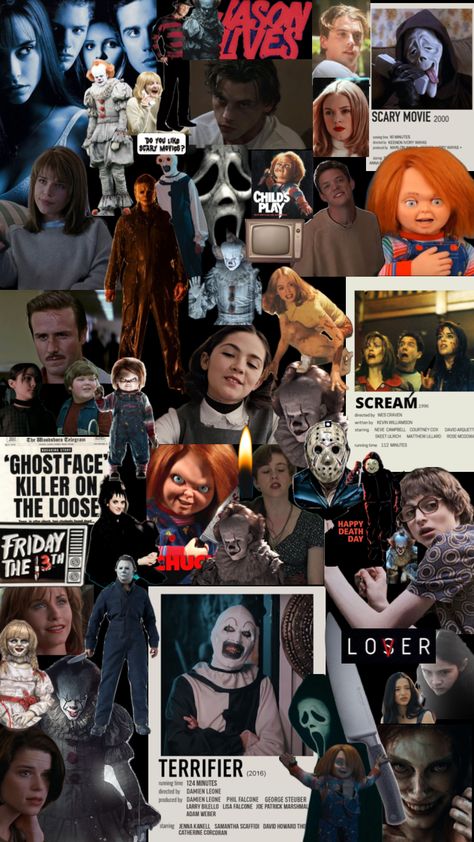 HORROR MOVIEE♥️♥️ (What’s your favorite horror movieee?? Horror Movie Aesthetic Wallpaper, Horror Movie Collage, Horror Collage, 90s Horror Movies, Friday Day, Movie Collage, Wes Craven, Christmas Horror, 80s Horror