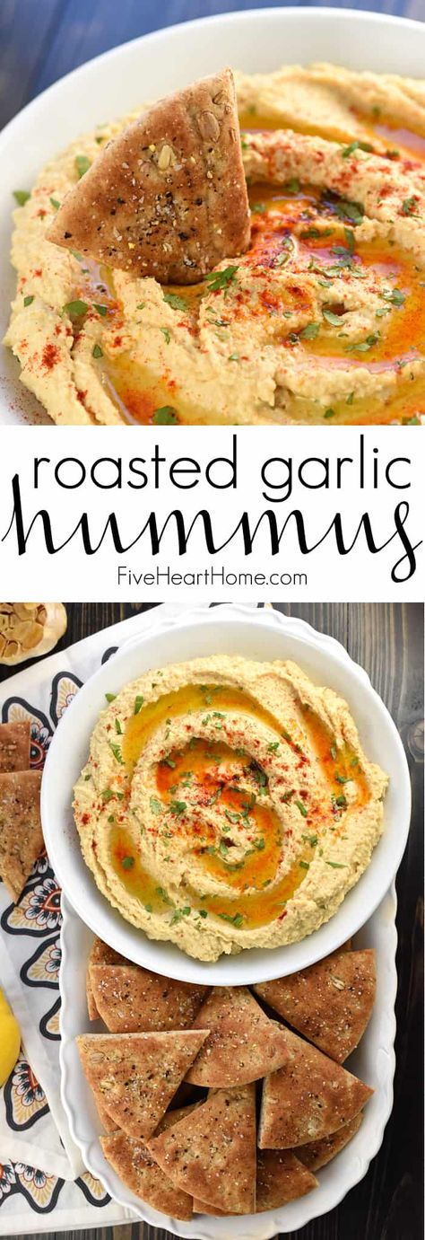 Roasted Garlic Hummus ~ mellow roasted garlic is blended with chickpeas, tahini, olive oil, and lemon juice for a fresh, creamy hummus that's delicious with homemade pita chips or crunchy veggie dippers! | FiveHeartHome.com Roasted Garlic Hummus Recipe, Beets Roasted, Hummus Appetizers, Garlic Hummus Recipe, Pepperoni Dip, Homemade Pita Chips, Creamy Hummus, Homemade Pita, Roasted Garlic Hummus