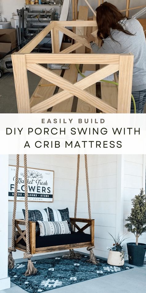 Diy Porch Furniture Easy, Front Porch Hammock Ideas, Porch Swings Hanging Ideas, Backporch Oasis Diy, Small Porch Furniture Ideas, Large Porch Decorating Ideas, Outdoor Back Porch Ideas, Diy Swing Frame, Diy Backyard Ideas On A Budget