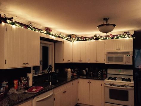 Christmas light up the kitchen Christmas Lights In Kitchen, Kitchen Mood Lighting, Lights Above Kitchen Cabinets, Lights Kitchen, Above Kitchen Cabinets, Light Chain, Christmas Pendant, Kitchen Lamps, Overhead Lighting