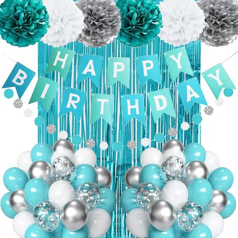 PRICES MAY VARY. 🎈 Teal and Silver Birthday Party Decorations: This quality teal turquoise aqua silver birthday decoration set includes: 1 x Teal Blue "HAPPY BIRTHDAY" banner + 1 x Circle Dot Paper Garland + 9 x Paper Pompoms (3 x Teal Blue, 3 x Silver, 3 x White) + 1 x Teal Blue Fringe Foil Curtain + 40 Latex Balloons (15 x Teal Blue, 10 x Metallic Silver, 10 x White, 5 x Silver Confetti Balloons) + 1 x White Ribbon. 🎉 Family Craft Time To Assemble: Just peel the tape of the shiny fringe curt Silver Birthday Decoration, Blue And Silver Birthday Party, Silver Birthday Party Decorations, Blue And Silver Birthday, Silver Birthday Party, Tissue Paper Ball, Foil Fringe Curtain, Turquoise Party, Paper Ball