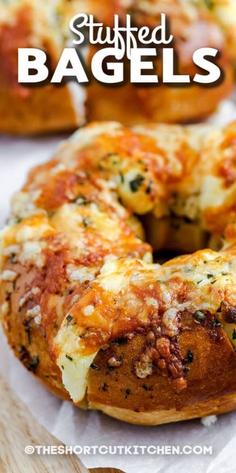 stuffed bagels with text Bagel Dinner Recipes, Bagel Garlic Bread Air Fryer, Cream Cheese Stuffed Garlic Butter Bagels, Recipes Using Bagels, Ways To Use Cream Cheese, Bagel And Cream Cheese Ideas, Recipes With Bagels, Bagel In Air Fryer, Stuffed Bagels Recipe