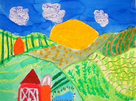 Grant Wood Farms | K-8 Art Landscape Art Lessons, Art Docent, Kindergarten Art Lessons, Art History Lessons, Arts And Crafts Storage, Grant Wood, 2nd Grade Art, Farm Paintings, 5th Grade Art