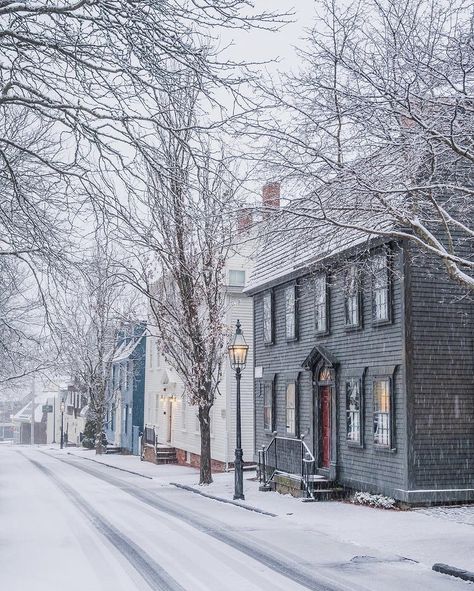 The streets of Newport, Rhode Island are magical when snow is falling! . . . 🏆 Photo of the day by @andrewj_brooks🏆 . . . Tag us or use #newenglandtraveljournal to share your photos . . . #explorenewengland #mynewengland #ignewengland #travel #newengland #ontheroad #newenglandlife #newenglandliving #photooftheday Newport Rhode Island Houses, Providence Rhode Island Winter, Newport Rhode Island Winter, Rhode Island Winter, Providence College, England Winter, Snow House, New England States, New England Travel