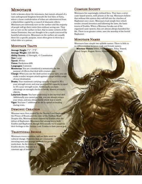 pc race / npc race: minotaur Minotaur Dnd Art, Races In Dnd, Dnd Minotaur Character, Dnd Playable Races, Dnd Homebrew Race 5e, Dnd Races Homebrew, Homebrew Races 5e, Dnd Homebrew Race, Dnd Minotaur