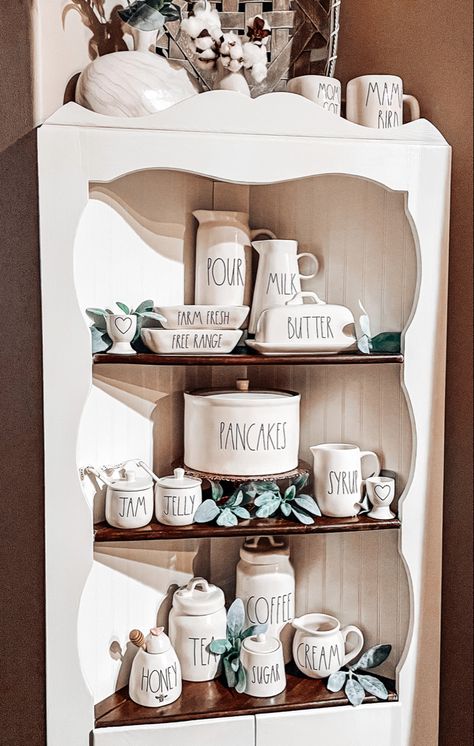 Rae Dunn Canister Display, Farmhouse Dinning Room Table, Rae Dunn Hutch Display, Breakfast Display, Corner Hutch, Rae Dunn Canisters, Antique Farmhouse Decor, Tea Display, Hutch Decor