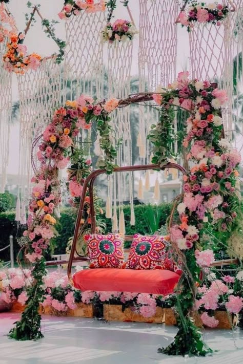 Swing wedding décor Wedding Haldi Decoration, Sangeet Board, Carnival Haldi, Mehndi Theme, Sangeet Theme, Haldi Theme, Indian Floral Decor, Mehandi Decor, Bride And Groom Sitting