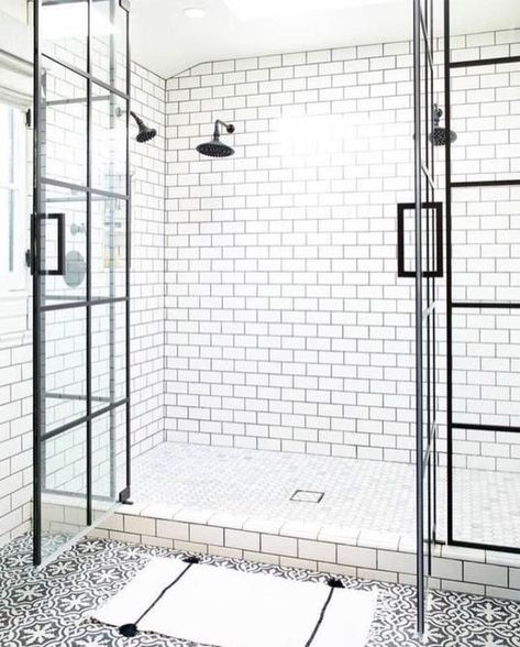 pattern floor tile, white subway tile shower with dark grout Bad Inspiration, Bathroom Shower Tile, 아파트 인테리어, Basement Bathroom, Trendy Bathroom, Bath Room, Shower Remodel, House Bathroom, Bath Remodel