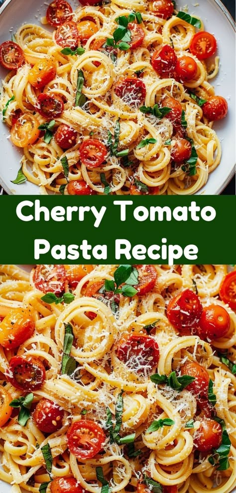 What's for dinner? This Cherry Tomato Pasta Recipe! It's one of the easiest dinner ideas. Bursting with flavor, this tomato pasta recipe is perfect for quick and easy dinner recipes for family. Tomato Sauce Using Cherry Tomatoes, Pasta Spinach Tomato Recipes, Tomato Based Crockpot Recipes, Bursting Tomato Pasta, Tomato Noodle Recipes, Easy Cherry Tomato Pasta, Chicken Cherry Tomato Pasta, Chicken And Tomato Pasta Recipes, Roma Tomatoes Recipes Dinners