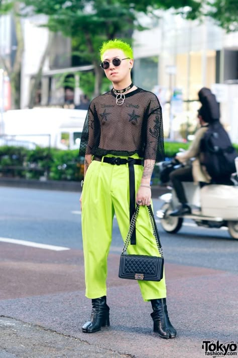 Neon Harajuku Street Style w/ H&M Mesh Top, Vintage Pants, Maison Margiela Tabi Boots, Chanel & Louis Vuitton Neon Fashion Aesthetic, Street Fashion Colorful, Neon Street Style, Maison Margiela Tabi Boots, Margiela Tabi Boots, Neon Street, Neon Pants, Harajuku Street Style, Tabi Boots