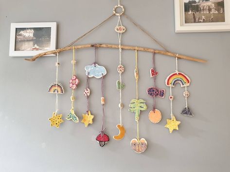 Baby Fantasy Land Wall Mobile. Ceramic Handmade Wall Art Wall - Etsy UK Mobile Home Decor, Wall Mobile, Artwork Unique, Northumberland Coast, Name Bunting, Craft Wall, Hanging Craft, Fantasy Land, Earthenware Pottery