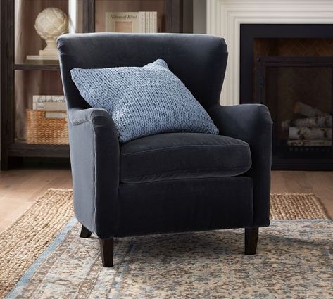 Upholstered Stationary Chairs | Pottery Barn Blue Accent Chairs, Sun Porch, Upholstered Armchair, Outdoor Furniture Collections, Arm Chairs Living Room, Modular Furniture, Upholstered Arm Chair, Free Interior Design, Formal Living Rooms