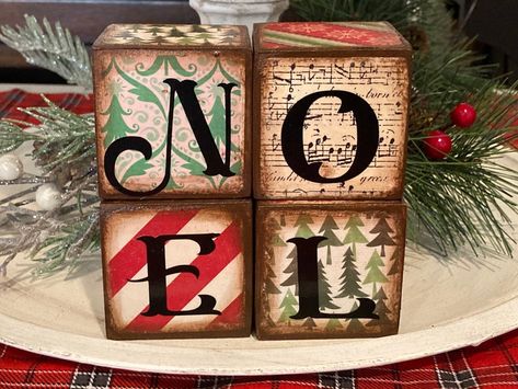 Wood Blocks Christmas, Christmas Blocks, Wood Block Crafts, Tier Tray Decor, Decor Shelf, Christmas Wood Crafts, Harvest Decorations, Christmas Decorations Rustic, Farmhouse Christmas Decor