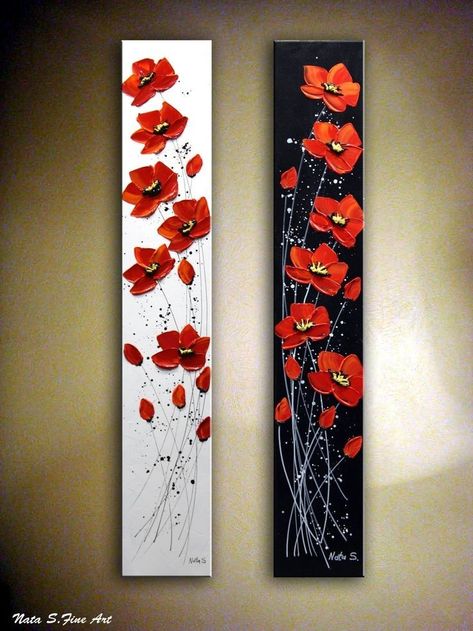 Narrow Paintings On Canvas, Two Part Paintings, Painting On Two Canvases, Poppy Flower Painting Acrylics, 2 Paintings Side By Side, Flower Painting On Wall, Vertical Painting Ideas, Poppy Painting Acrylic, Long Canvas Art