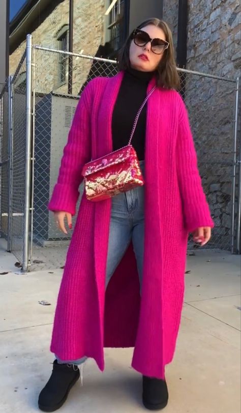 Hot Pink Cardigan Outfit, Maxi Coat Outfit, Maxi Cardigan Outfit, Pink Coat Outfit, Pink Cardigan Outfit, Winter Cardigan Outfit, Hot Pink Cardigan, Cardigan Rosa, Purple Jacket