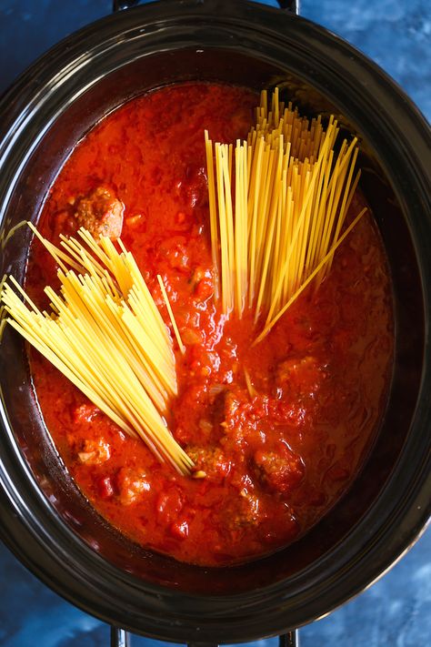 Slow Cooker Spaghetti and Meatballs - This is the ONLY way to make this! Even the pasta gets cooked right in the crockpot! SO stinking easy, right? Pasta In The Slow Cooker, Spaghetti In Slow Cooker, Spaghetti In A Crockpot, How To Cook Pasta In A Crockpot, Spaghetti In Crockpot Slow Cooker, Cooking Pasta In Crockpot, Slow Cooker For Two, Spaghetti Crockpot Recipes, Crockpot Spaghetti Recipes